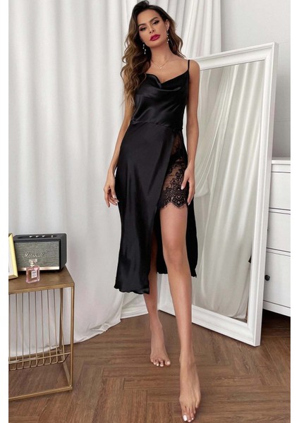 Özel Tasarım Degaje Yakalı Yırtmaçlı Dantelli Saten Uzun Gecelik fırsatları