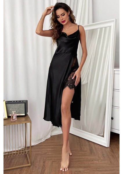 Özel Tasarım Degaje Yakalı Yırtmaçlı Dantelli Saten Uzun Gecelik indirimleri