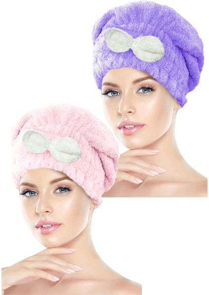 2 Adet Mikrofiber Saç Havlusu Bonesi Lastikli Fiyonklu