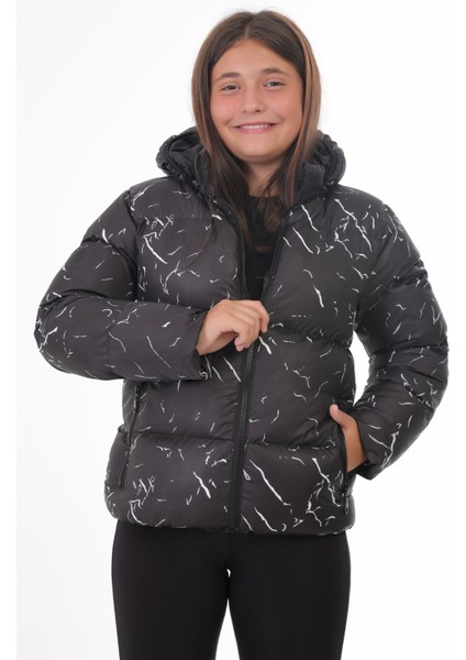 Kız Çocuk Siyah Çıkabilir Kapüşonlu Su ve Rüzgar Geçirmez Cepli Kışlık Şişme Mont & Kaban & Parka
