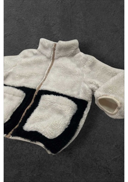 Kız Çocuk Peluş Ekru Siyah Cepli Fermuarlı Welsoft Kışlık Mont fiyatları