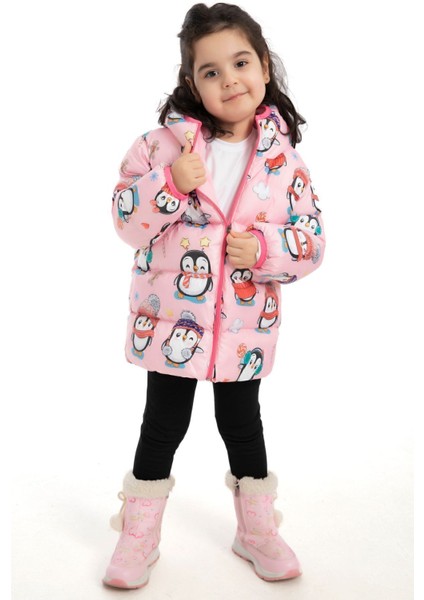 Kız Çocuk Içi Polarlı Kapüşonlu Penguen Şeker Desenli Kışlık Şişme Mont & Kaban & Parka