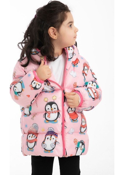 Kız Çocuk Içi Polarlı Kapüşonlu Penguen Şeker Desenli Kışlık Şişme Mont & Kaban & Parka