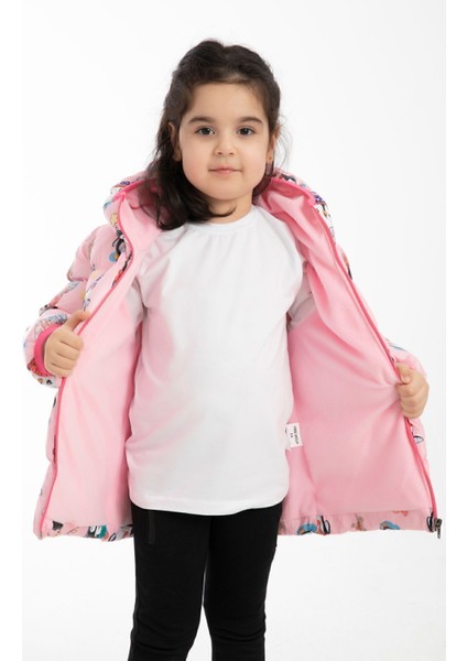 Kız Çocuk Içi Polarlı Kapüşonlu Penguen Şeker Desenli Kışlık Şişme Mont & Kaban & Parka