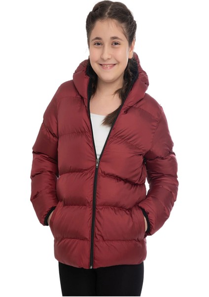 Kız Çocuk Bordo Içi Polarlı Kapüşonlu Su Geçirmez Rüzgara Dayanıklı Cepli Şişme Kışlık Mont