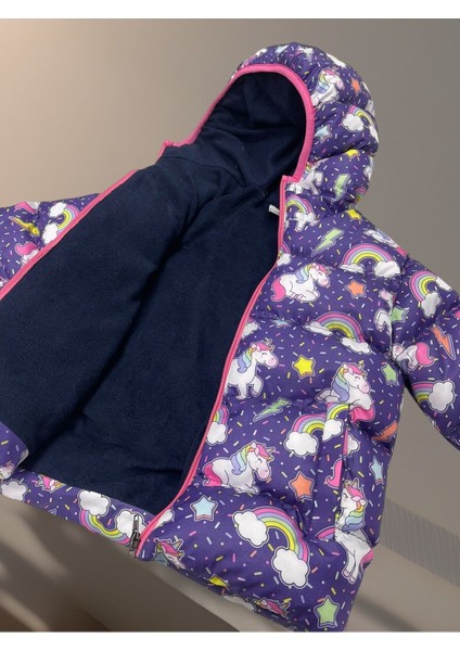 Kız Çocuk Içi Polarlı Kapüşonlu Unıcorn Desenli Kışlık Şişme Mont & Kaban & Parka modelleri