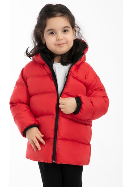 Kız Çocuk Kırmızı Içi Polarlı Kapüşonlu Su Geçirmez Rüzgara Dayanıklı Şişme Kışlık Mont & Kaban