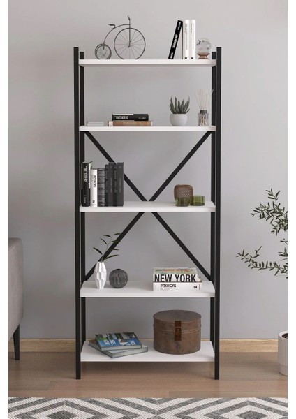 Dekoratif 5 Raflı Kitaplık Metal Kitaplık Çam Kitaplık 150 Kitaplık
