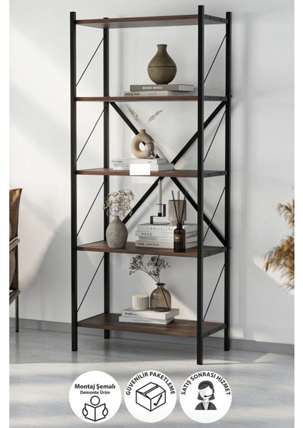 Dekoratif 5 Raflı Kitaplık Metal Kitaplık Çam Kitaplık 150 Kitaplık