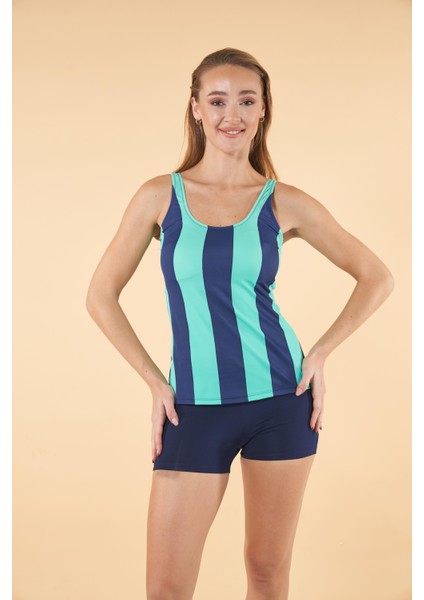 Şortlu Çizgi Desenli Tankini Mayo - Mavi Lacivert