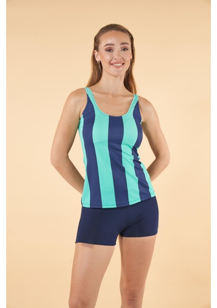 Şortlu Çizgi Desenli Tankini Mayo - Mavi Lacivert