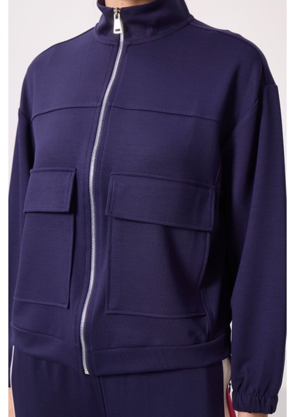 Koyu Mor Yumuşak Dokulu Dik Yaka Oversize Kargo Cepli Kadın Crop Top Sweatshirt - 97301 fiyatları