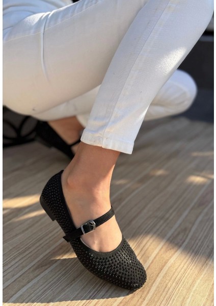 Elise Siyah Süet Siyah Boncuk Işlemeli Babet Ayakkabı