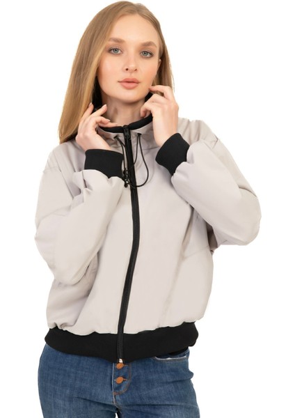 Kadın Taş Dik Yaka Su ve Rüzgar Geçirmez Oversize Crop Mevsimlik Yağmurluk Rüzgarlık Rys-Y-30