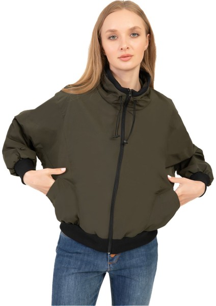 Kadın Haki Dik Yaka Su ve Rüzgar Geçirmez Oversize Crop Mevsimlik Yağmurluk Rüzgarlık Rys-Y-30