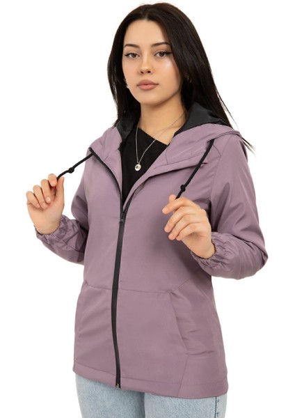 Kadın Mürdüm Içi Astarlı Su Geçirmez ve Rüzgara Dayanıklı Kapüşonlu Cepli Yağmurluk Rys-Y-K-15