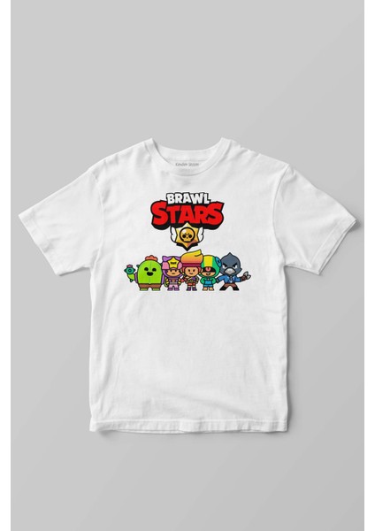 Beyaz Unisex Çocuk T-Shirt Brawl Stars Savaşçı Kahramanlar Karakter Tasarımlı Tişört
