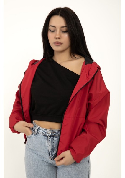 Kadın Kırmızı Kapüşonlu Su ve Rüzgar Geçirmez Cepli Içi Astarlı Oversize Yağmurluk Rys-Y-20 fiyatları