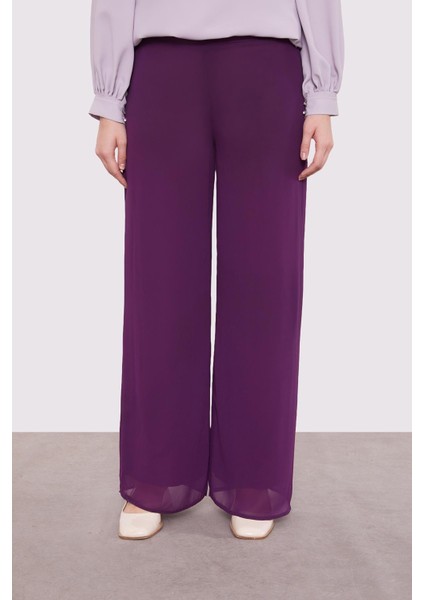 Mürdüm Bol Paça Şifon Pantolon