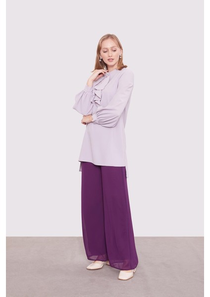 Mürdüm Bol Paça Şifon Pantolon modelleri