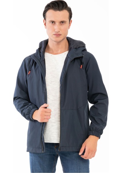 Erkek Lacivert Içi Astarlı Kanguru Cepli Su ve Rüzgar Geçirmez Kapüşonlu Cepli Yağmurluk Rys-Y-15-E