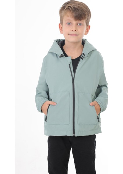 Erkek Çocuk Mint Yeşili Içi Astarlı Su ve Rüzgar Geçirmez Kapüşonlu Çift Fermuarlı Cepli Yağmurluk Rys-Y-15-C