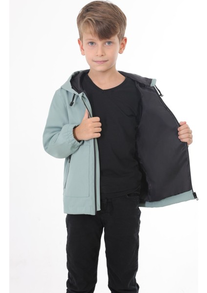 Erkek Çocuk Mint Yeşili Içi Astarlı Su ve Rüzgar Geçirmez Kapüşonlu Çift Fermuarlı Cepli Yağmurluk Rys-Y-15-C modelleri