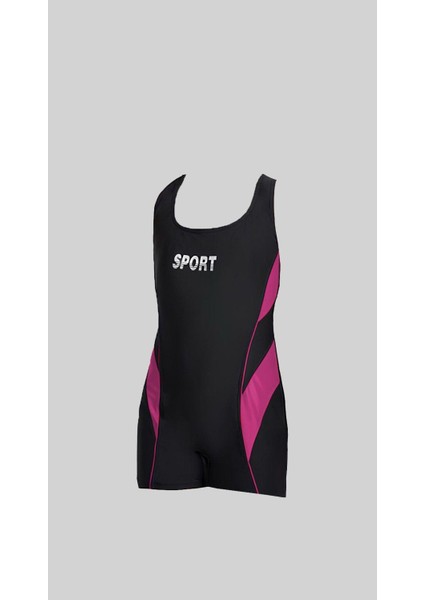 Kız Çocuk Siyah Pembe Şortlu Yüzücü Mayosu