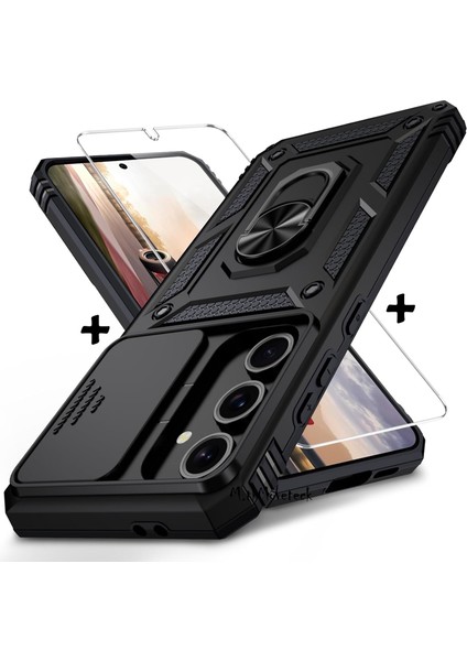 Samsung Galaxy A36 Kılıf Kamera Korumalı Sürgülü Yüzüklü Armor Zırh Tank Kapak + 1 Adet 9h Ekran Koruyucu Cam Set