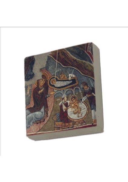 Kapadokya Göreme Karanlık Kilise Freski - Isa Mesih'in Doğumu Baskılı Taş Magnet 5x5
