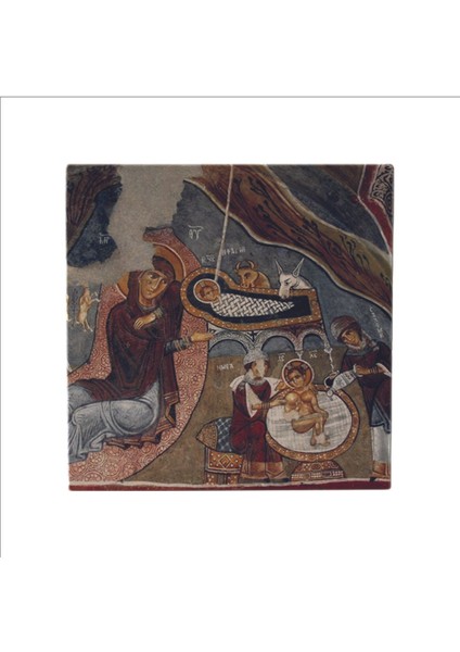 Kapadokya Göreme Karanlık Kilise Freski - Isa Mesih'in Doğumu Baskılı Taş Magnet 5x5 indirimleri