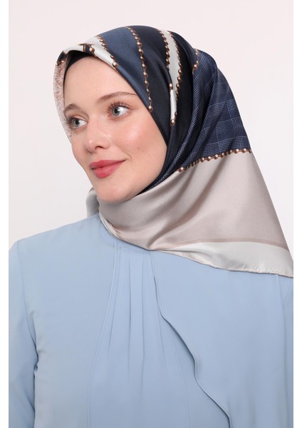 Mavi Zincirli Twill Ipek Eşarp