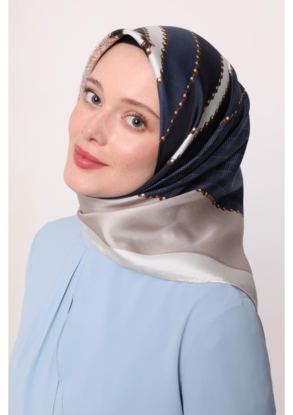 Mavi Zincirli Twill Ipek Eşarp