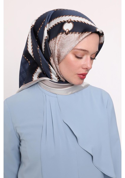 Mavi Zincirli Twill Ipek Eşarp