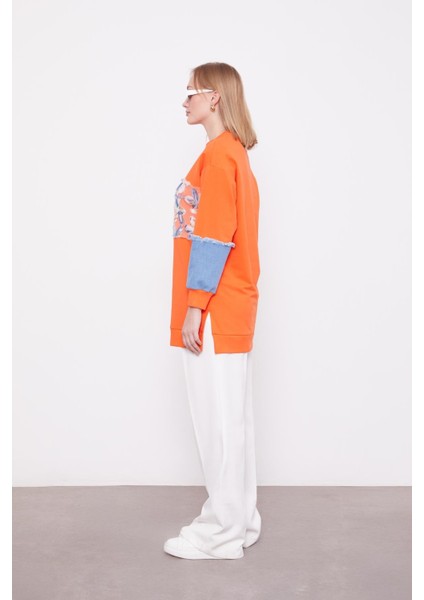 Oranj Kot Detaylı Çiçekli Sweat modelleri
