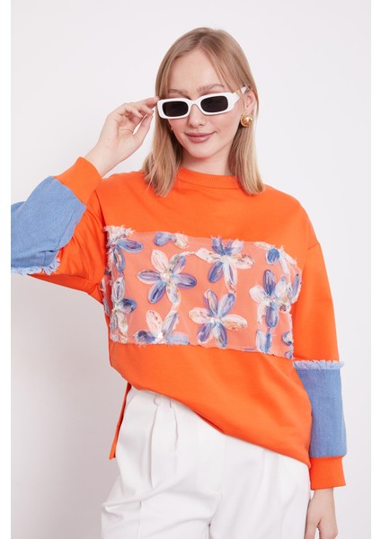 Oranj Kot Detaylı Çiçekli Sweat indirimleri