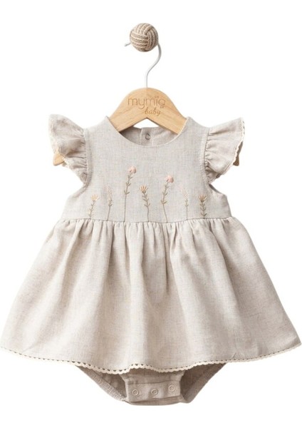 4237MY Kız Bebek Çiçek Nakışlı Keten Şortlu Elbise