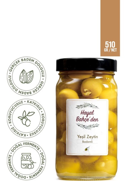 Badem Dolgulu Yeşil Zeytin %100 Doğal Premium Net 510 Gr. | Doğal Fermente, Katkısız Koruyucusuz