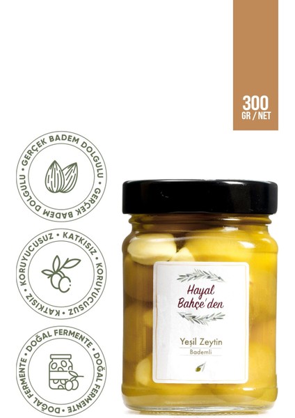 Badem Dolgulu Yeşil Zeytin %100 Doğal Premium Net 300 Gr. | Doğal Fermente, Katkısız Koruyucusuz