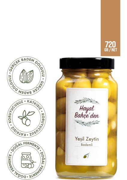 Badem Dolgulu Yeşil Zeytin %100 Doğal Premium Net 720 Gr. | Doğal Fermente, Katkısız Koruyucusuz