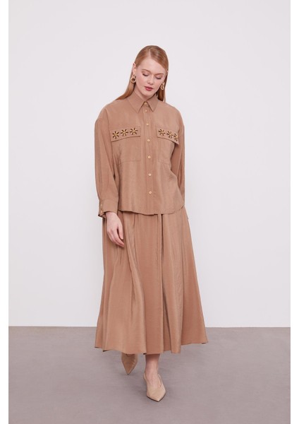 Camel Cep Boncuk Papatya Detaylı Etek Takım