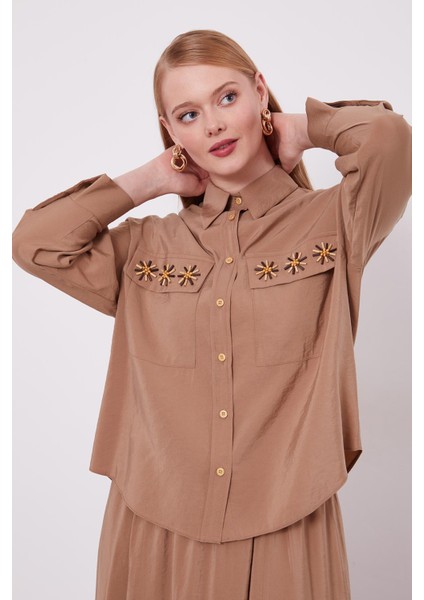 Camel Cep Boncuk Papatya Detaylı Etek Takım modelleri