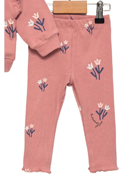 Kız Bebek Pembe Sweatshirt ve Fitilli Tayt - Alt Üst Takım