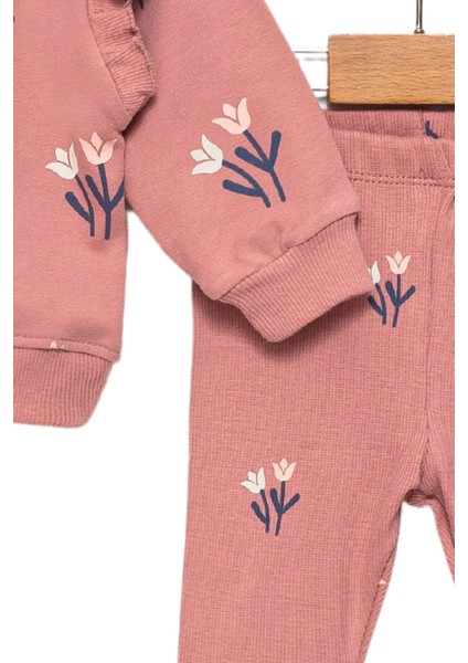 Kız Bebek Pembe Sweatshirt ve Fitilli Tayt - Alt Üst Takım