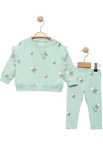Kız Bebek Yeşil Sweatshirt ve Fitilli Tayt - Alt Üst Takım