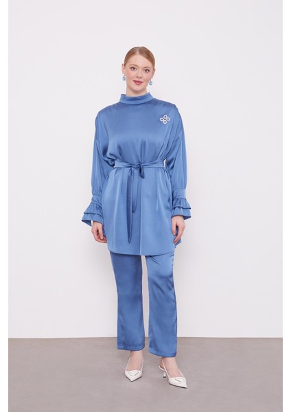 Indigo Kol Fırfır Detaylı Ikili Takım