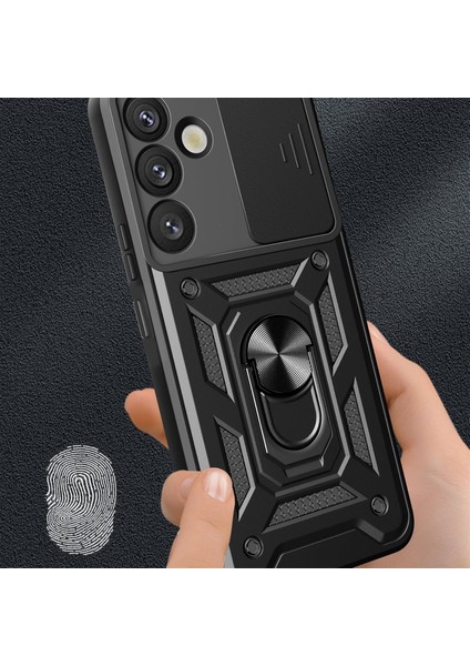 Samsung Galaxy A36 Kılıf Kamera Korumalı Sürgülü Yüzüklü Standlı Armor Military Tank Kızaklı Kapak