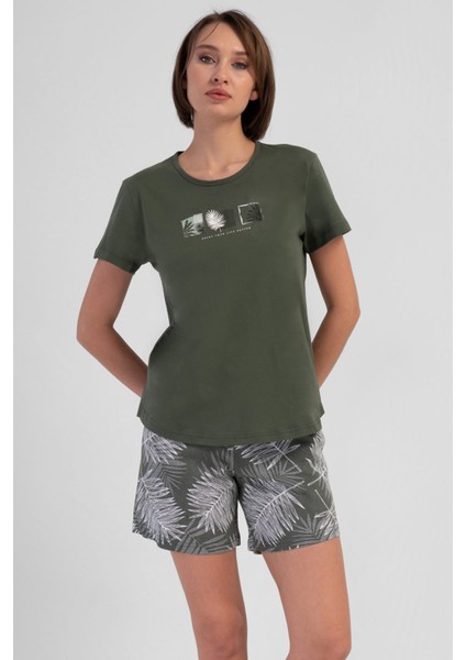 Kadın Pamuklu Koyu Yeşil Kısa Kol Şort Pijama Takımı
