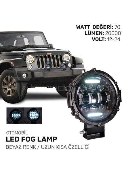Off Road LED Sis Lambası 70 Watt 20000 Lümen Beyaz Renk 12-24 Volt Uyumlu Uzun Kısa Özelliği