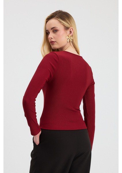13084 Yaka V Demir Bluz Bordo